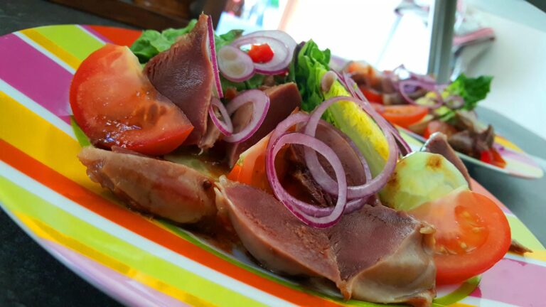 Une Salade de Gésiers colorée et appétissante : gésiers de canard fondants, tranches de magret séché, tomates fraîches et rondelles d'oignons rouges sur un lit de salade verte croquante.