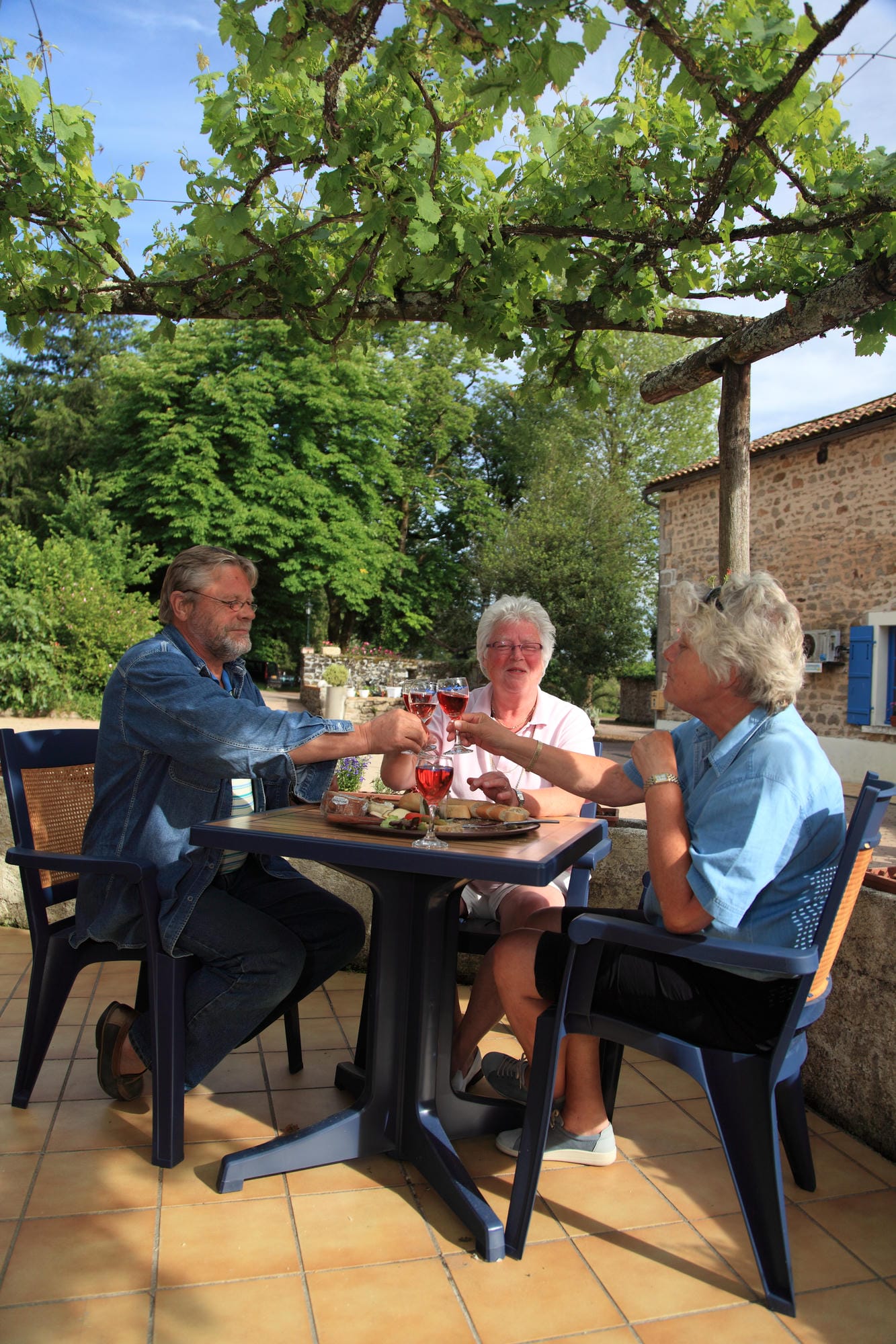 Séniors trinquant sous la treille sur la terrasse conviviale du Château le Verdoyer