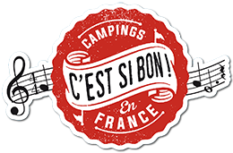 Logo du réseau C'est si Bon avec badge rouge, musique et texte, slogan "Campings en France"