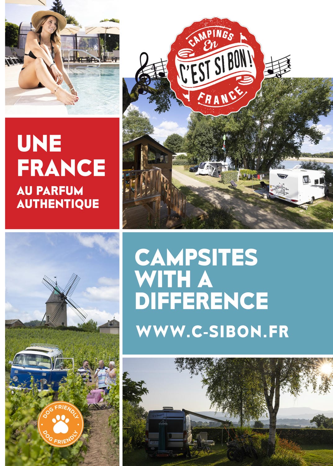 Couverture de brochure C'est si Bon montrant piscine, logo, camping, caravane et slogan Une France au Parfum Authentique