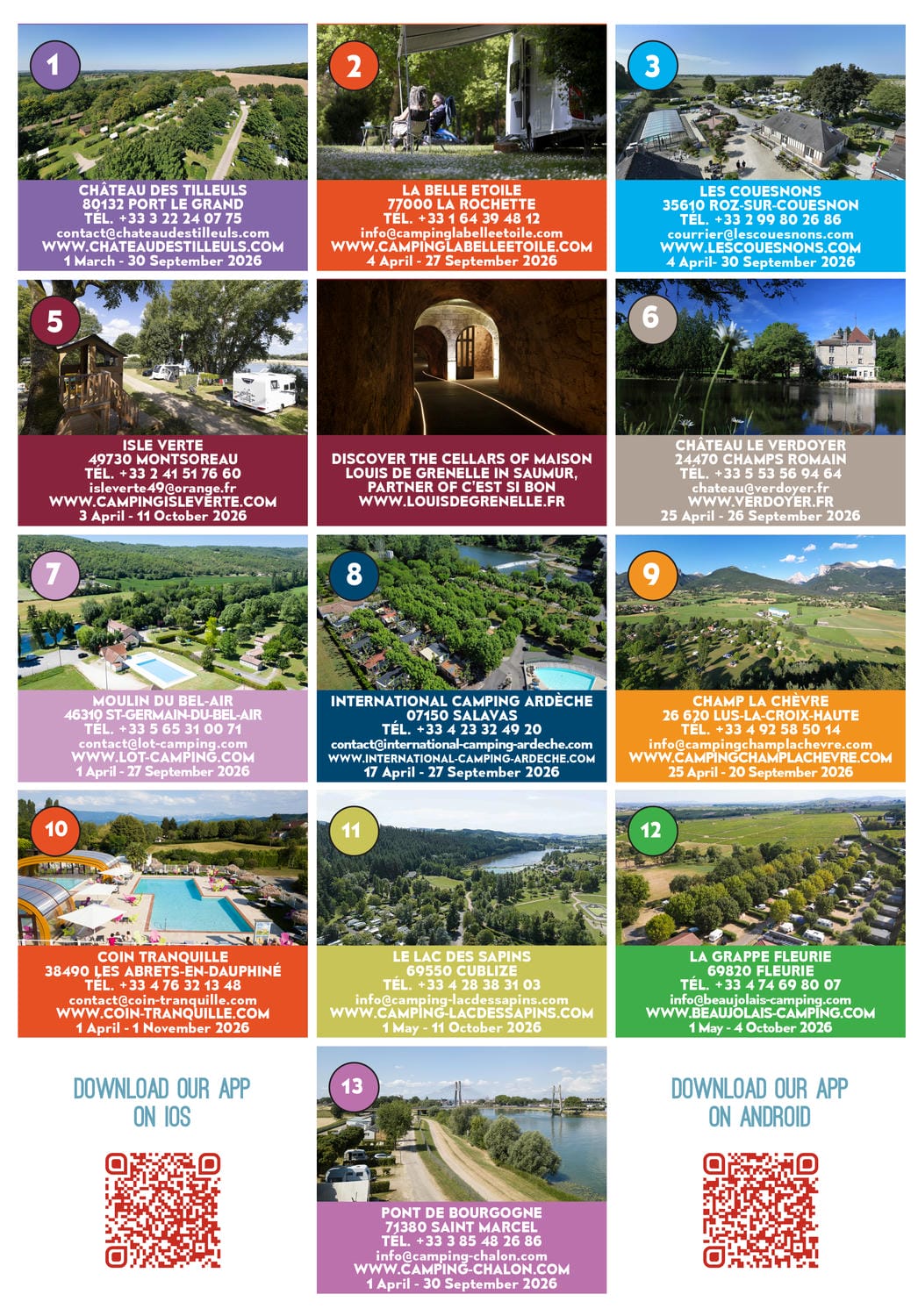 Collage photographique des 13 campings du réseau C'est si Bon avec lieux touristiques, piscines, emplacements caravanés et QR codes téléchargement appli