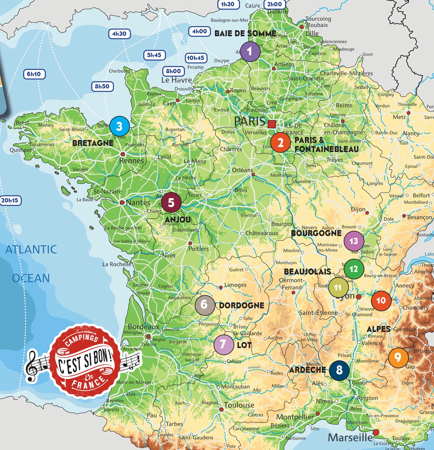 Carte de France montrant les 12 campings adhérents du réseau C'est si Bon avec emplacements numérotés et logo