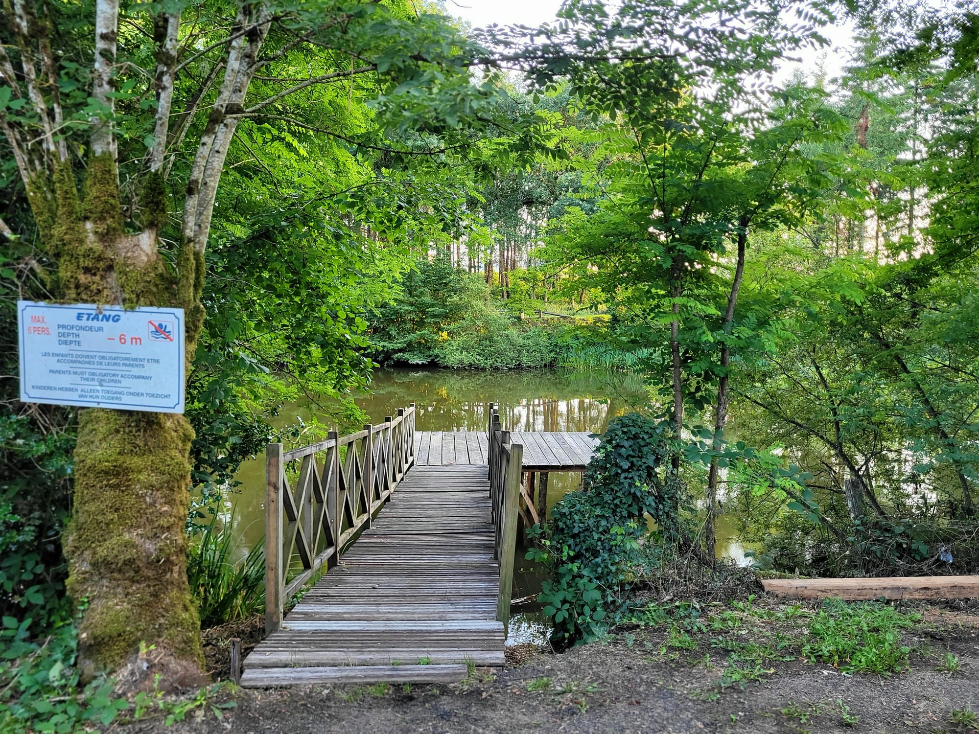 Ponton en bois menant à un petit étang de pêche au Château le Verdoyer