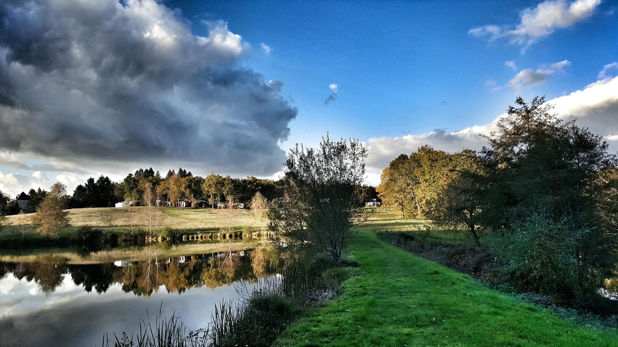 Petit étang de baignade au milieu d'une pelouse, espace détente au Camping Le Verdoyer