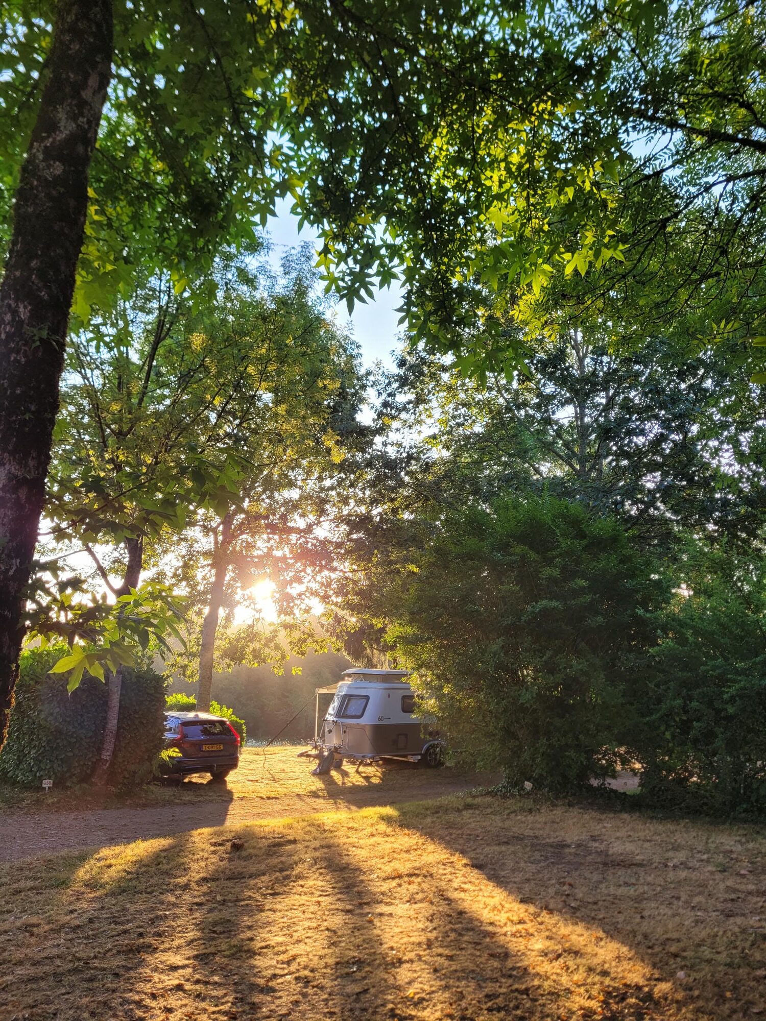 Petite caravane installée à l'ombre d'un arbre, emplacement de camping au Verdoyer