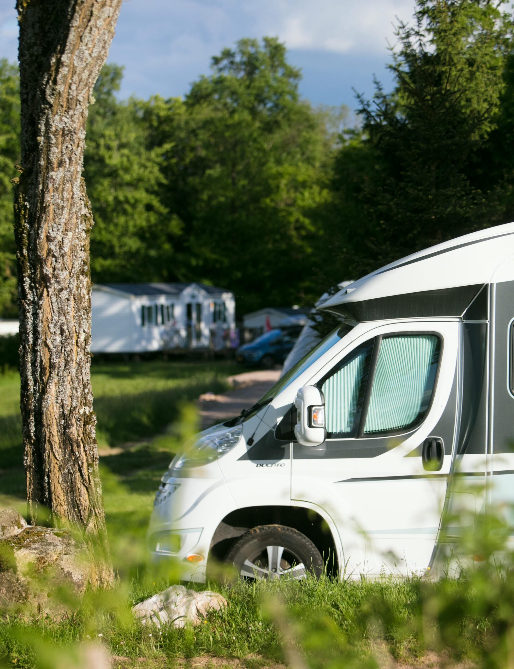 Camping car blanc garé sur un emplacement herbeux à côté d'un arbre, Camping Château le Verdoyer
