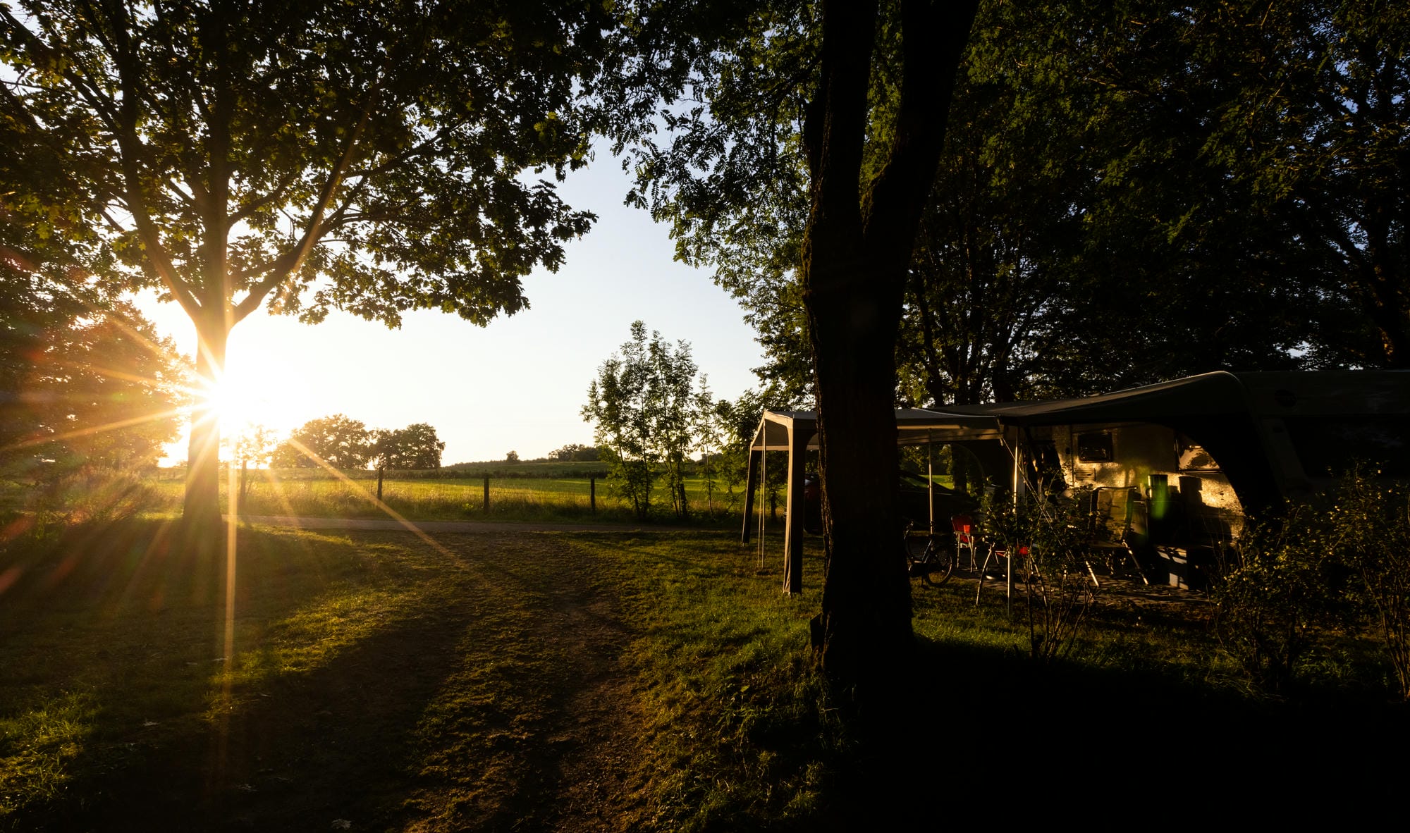 Rayons de soleil filtrant à travers les arbres sur un chemin de terre du camping Le Verdoyer