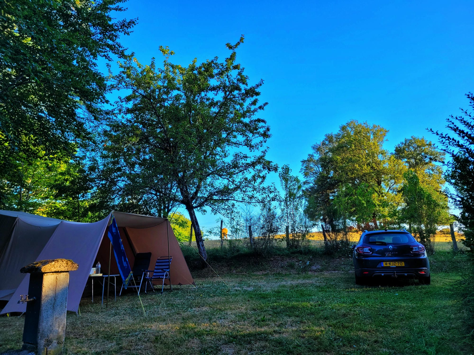 Tentes sur un emplacement de camping arboré au Château le Verdoyer