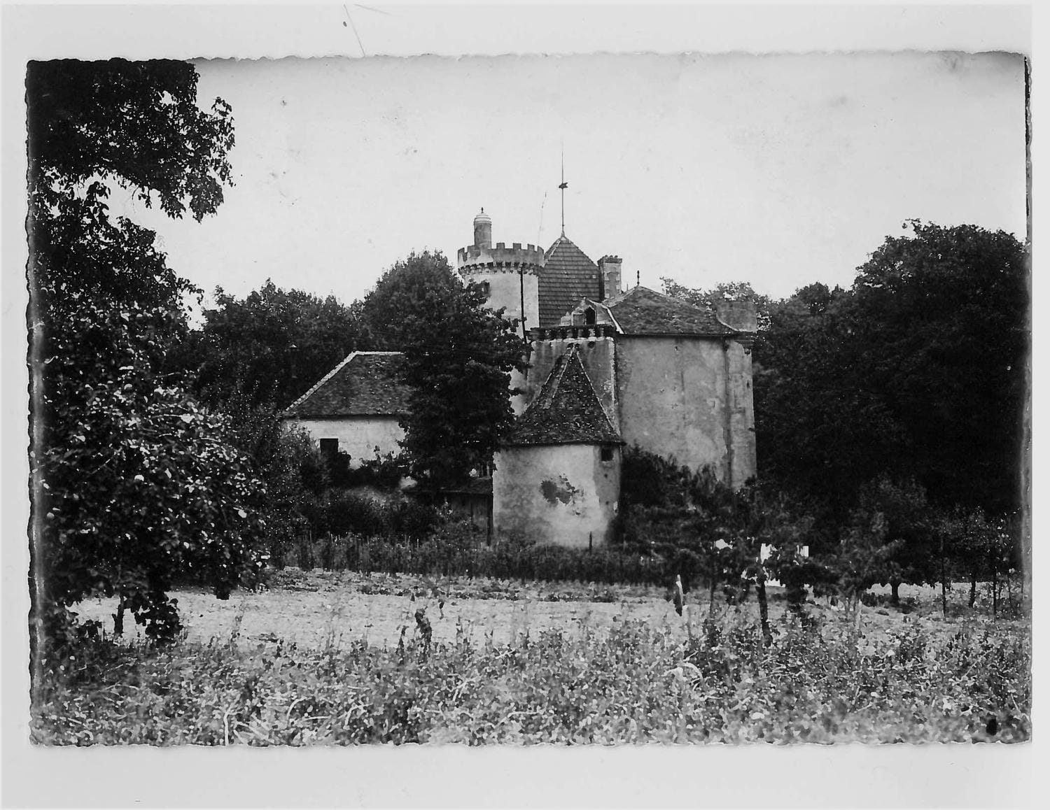 Photographie noir et blanc du château médiéval entouré de végétation, champs et arbres