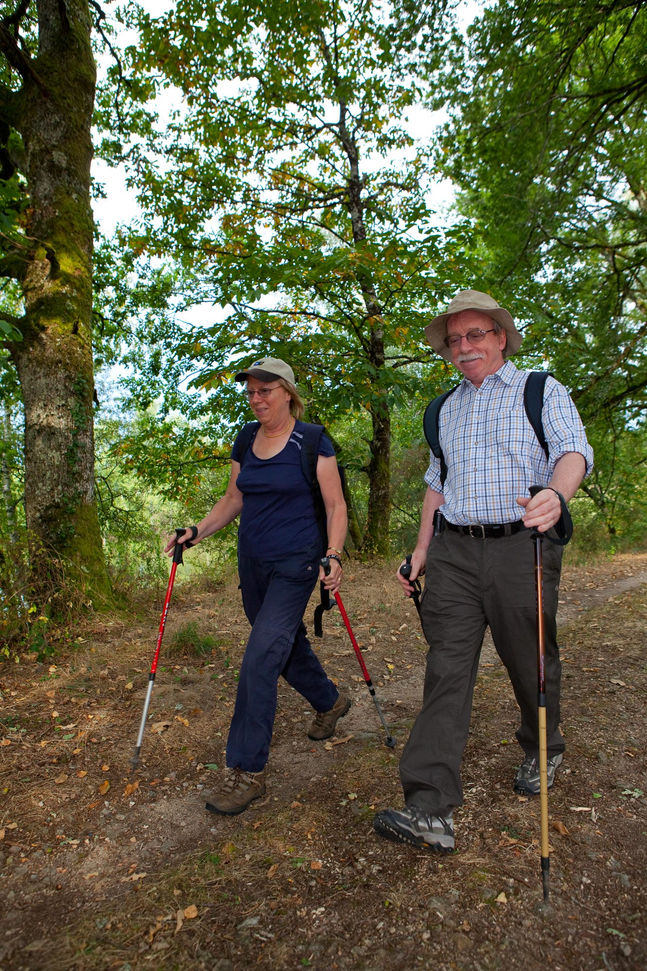 Randonneurs utilisant des bâtons de marche en forêt, activité en Périgord Nature