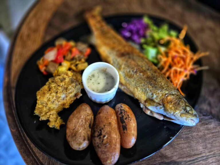 Truite entière grillet sur ardoise noire avec ses accompagnements généreux, fraîcheur et saveurs locales au restaurant du Château le Verdoyer