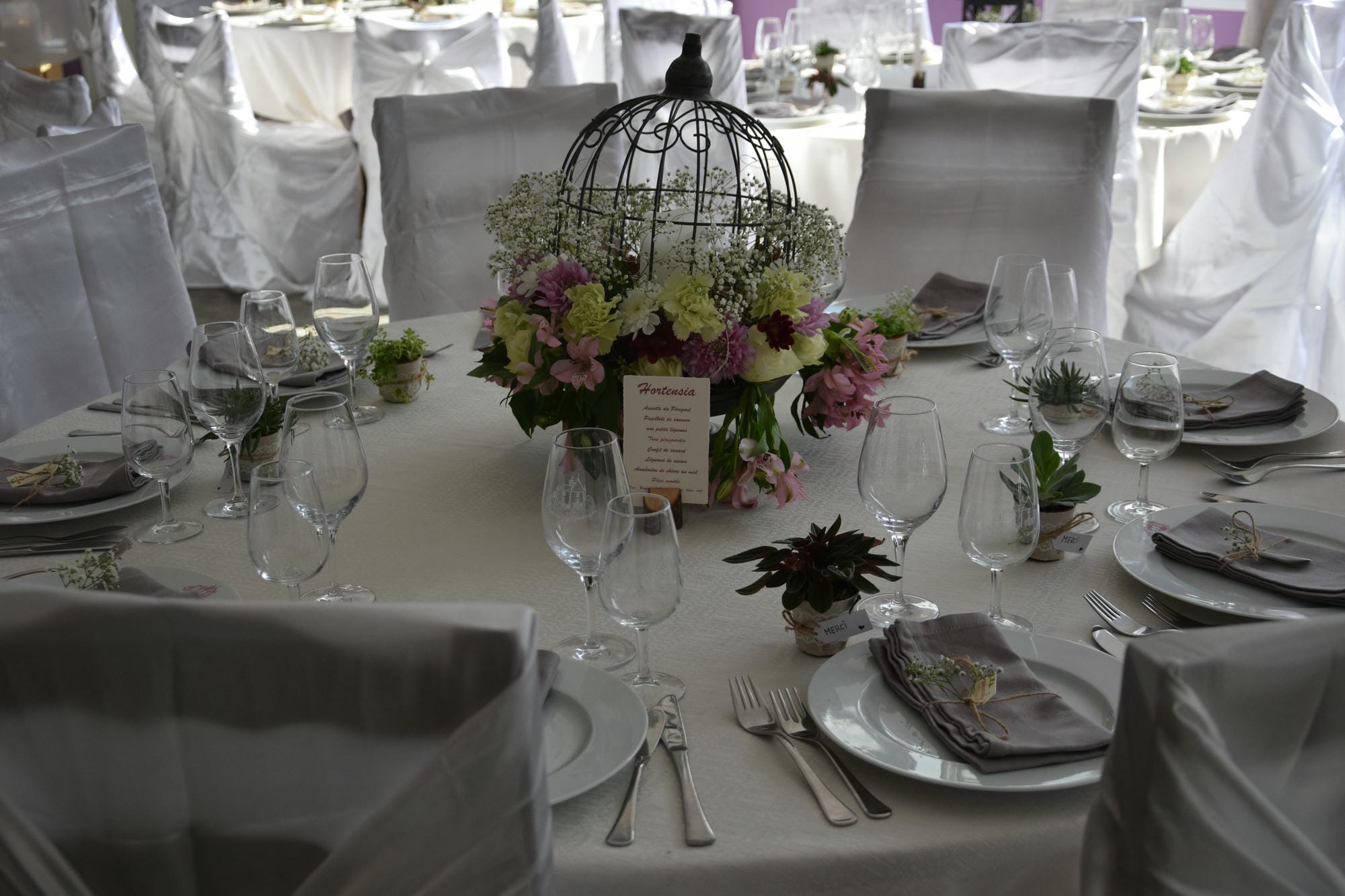 Table de mariage décorée avec une cage à oiseaux et des fleurs au Château le Verdoyer