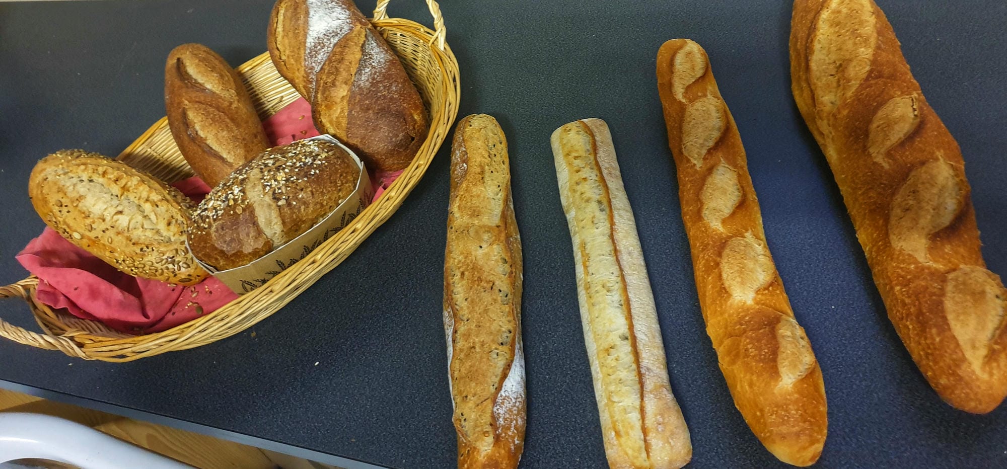 Assortiment de baguettes et pains frais dans un panier, épicerie du Camping Château le Verdoyer