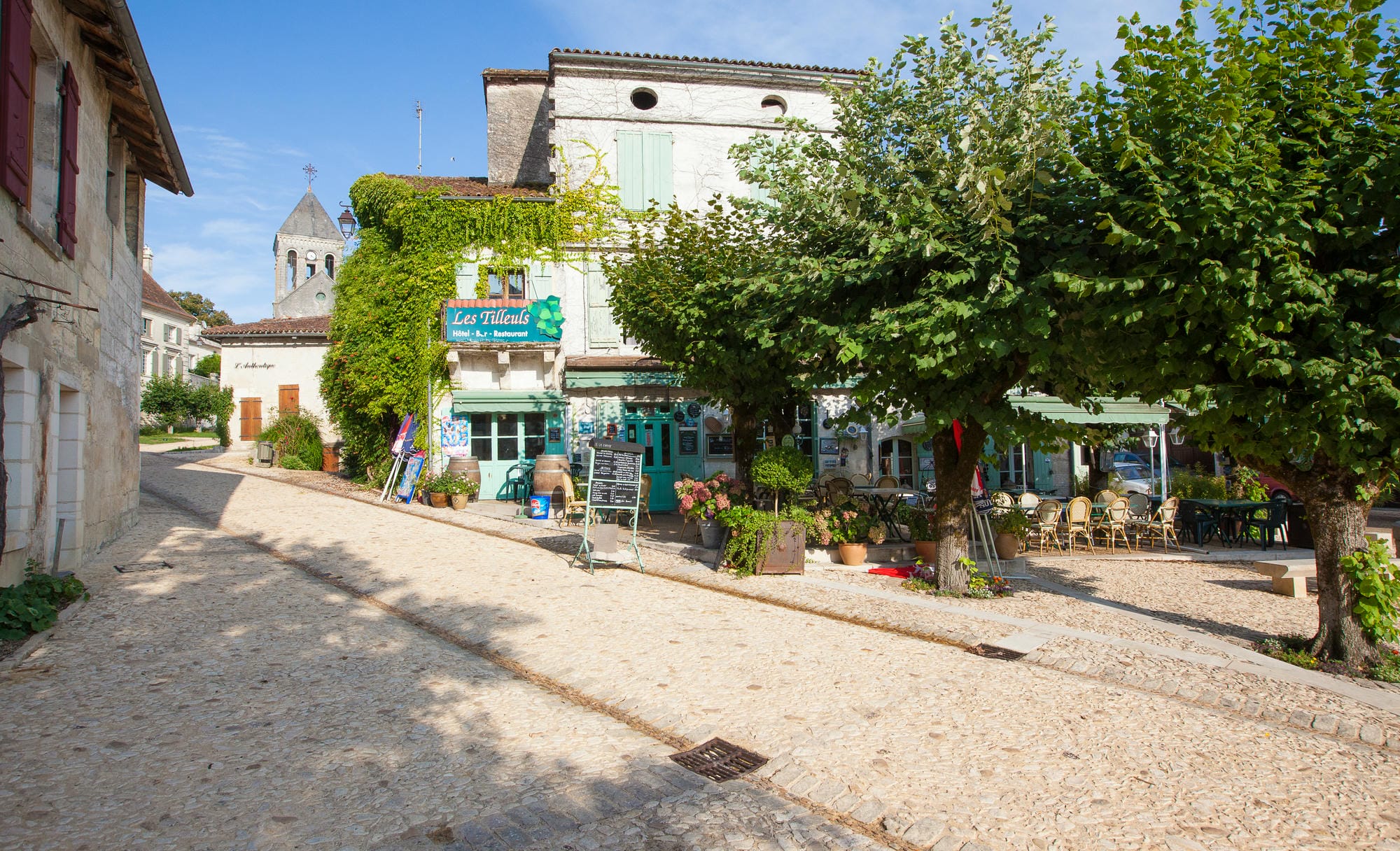 Arbres plantés au milieu d'une rue pavée à Bourdeilles, charme pittoresque