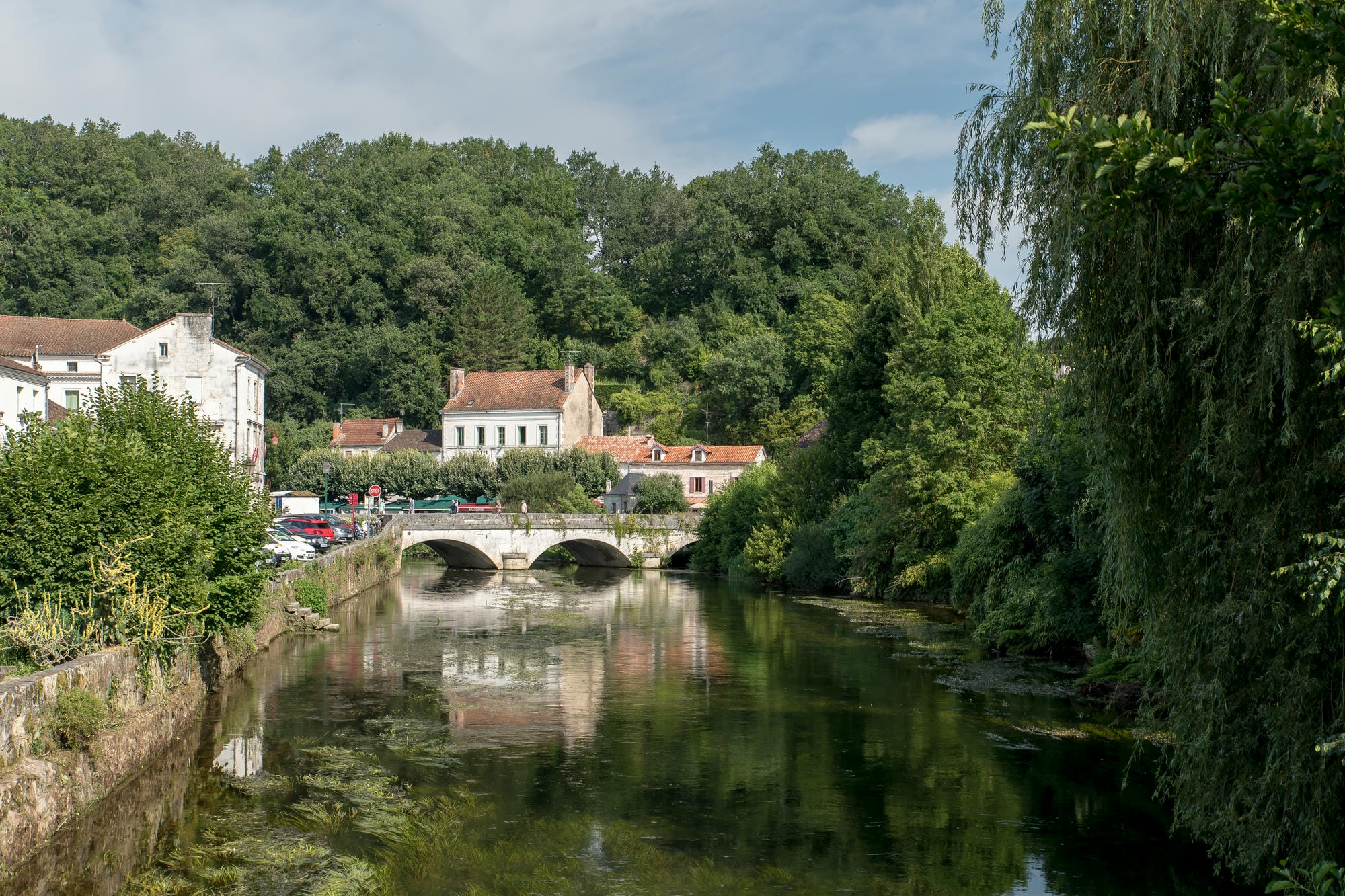 Arbres luxuriants bordant les rives de la Dronne à Brantôme