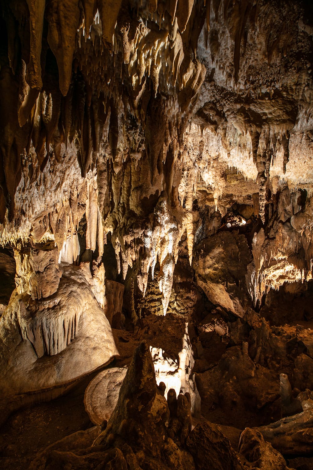 Stalactites et stalagmites des Grottes de Villars illuminés dans l'obscurité, spectacle géologique époustouflant à explorer depuis le Château le Verdoyer