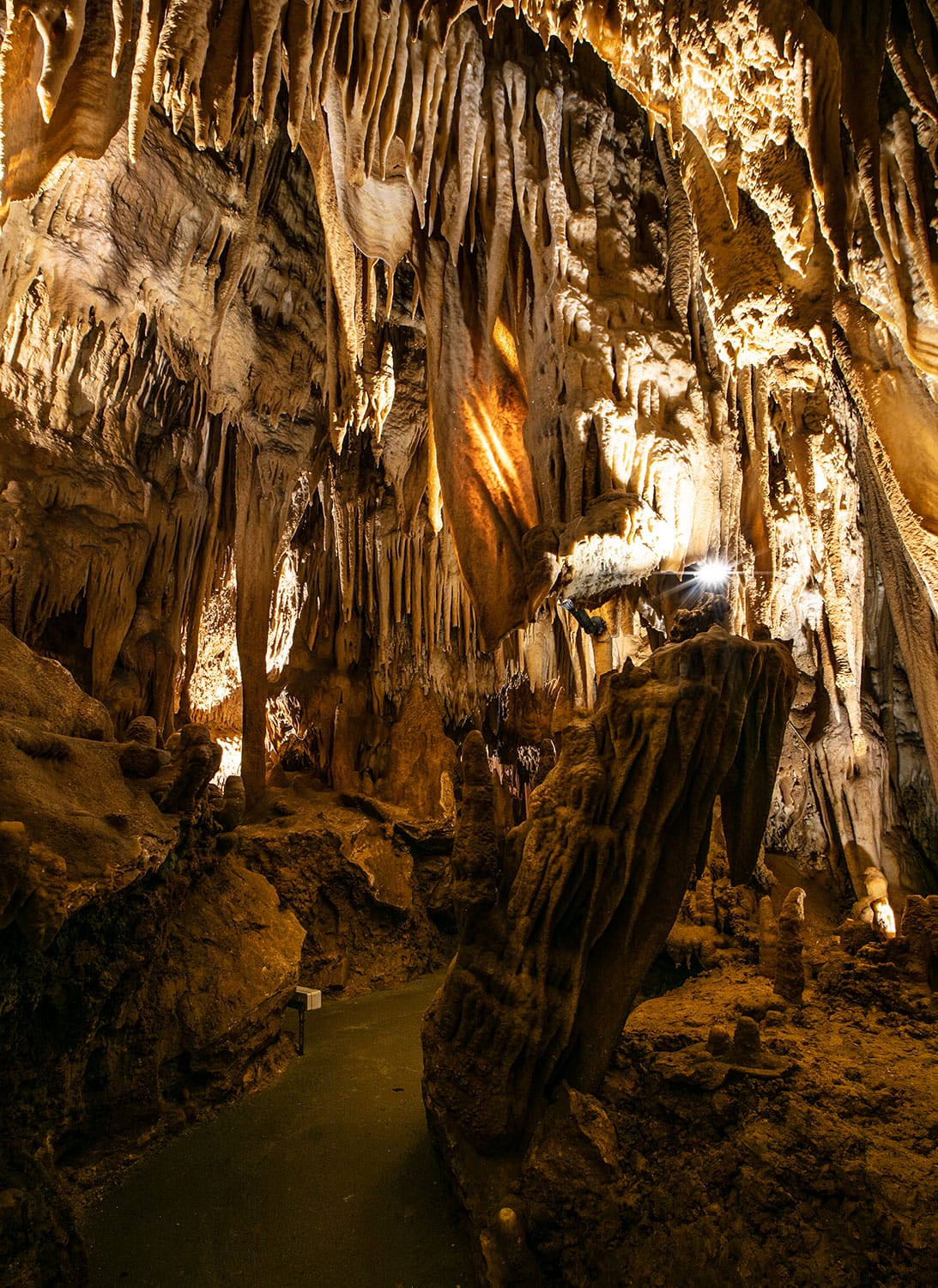 Galerie des Grottes de Villars avec ses stalactites en rideau et son chemin de visite longeant un ruisseau souterrain, merveille du Périgord Vert